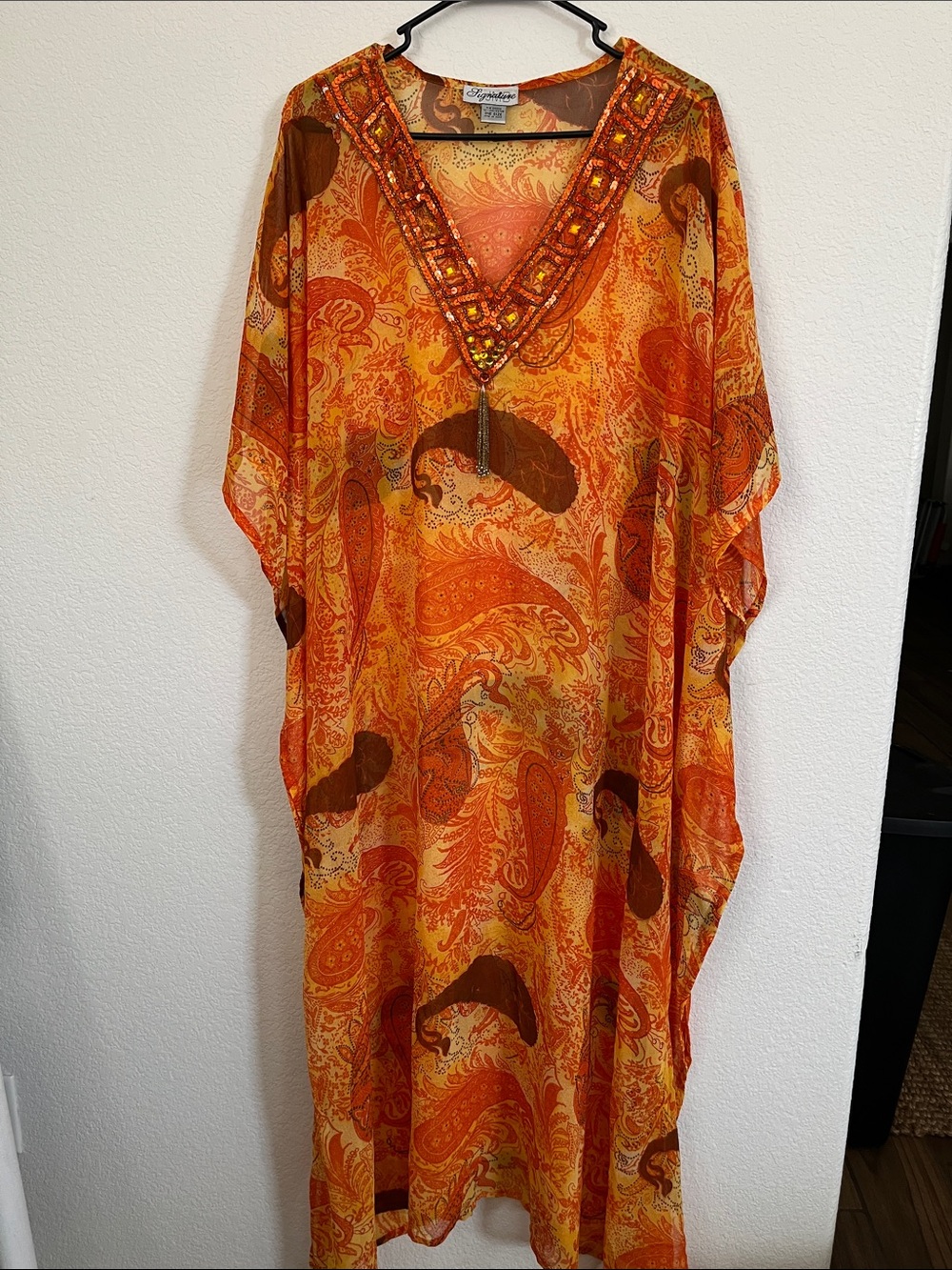 Signature Orange Paisley Beaded V-Neck Maxi Caftan